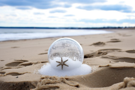 flake-filled snow globe nestled in a beach sand, created with generative aiの素材