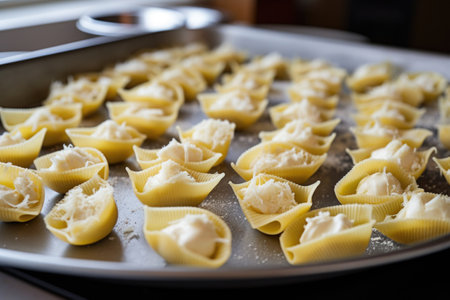 pasta shells filled with ricotta awaiting to be baked, created with generative aiの素材