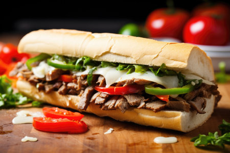 a philly cheesesteak with a red cherry tomato and green lettuce on top, created with generative aiの素材