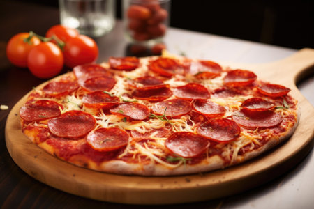 a whole pepperoni pizza on a wooden board, created with generative aiの素材