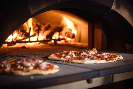 close-up of a pizza oven with a pizza cooking inside, created with generative aiの素材