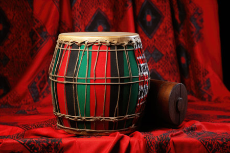 african drum with red, black, and green cloth, created with generative aiの素材