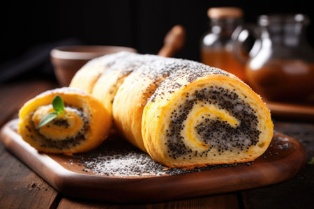 homemade poppy seed roll on a wooden table, created with generative aiの素材