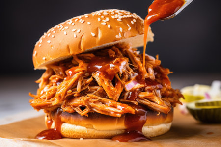 pulled pork sandwich with a toothpick holding it together, created with generative aiの素材