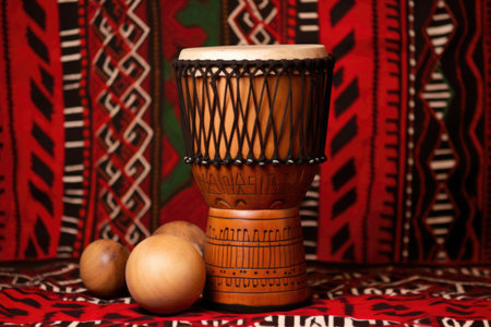 african drum djembe against tribal background, created with generative aiの素材