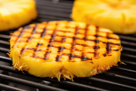 grill marks on a round slice of pineapple, created with generative aiの素材