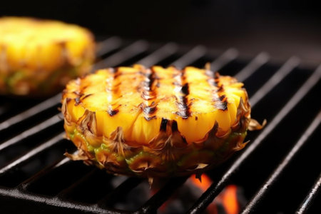 juicy pineapple rotating slowly on grill, close-up, created with generative aiの素材