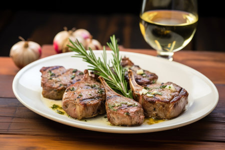 garlic and rosemary marinated lamb chops beside a chilled saison, created with generative aiの素材
