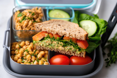 metal lunchbox with a vegan chickpea salad sandwich, created with generative aiの素材