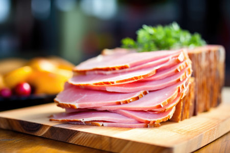 close-up of layered ham on a wooden board, created with generative aiの素材