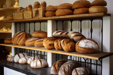 a selection of artisanal bread loaves displayed on a shelf, created with generative aiの素材