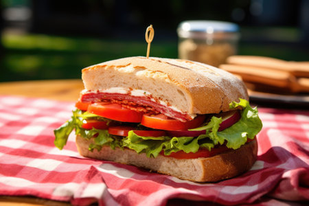 sandwich on red-checkered tablecloth on a picnic table, created with generative aiの素材