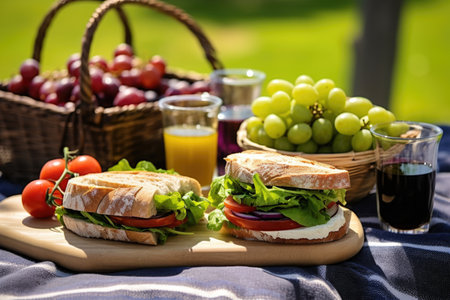 sandwich and picnic basket on a grey stone picnic table, created with generative aiの素材
