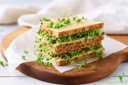 sandwich teeming with sprouts and fresh coriander on linen cloth, created with generative aiの素材