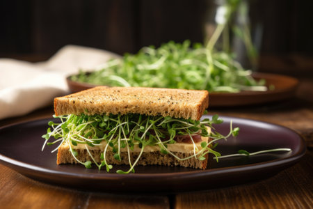wheat sandwich with microgreens served on a brown table, created with generative aiの素材
