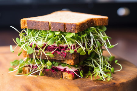 close up of a sandwich filled with vibrant microgreens, created with generative aiの素材