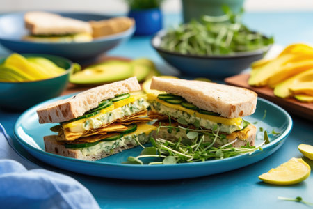 avocado, cheese, and microgreens sandwich alongside chips on a blue plate, created with generative aiの素材