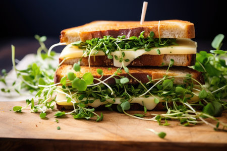 a grilled sandwich stuffed with microgreens and cheese, created with generative aiの素材