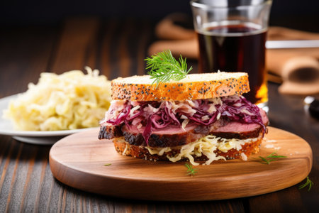 sandwich with sauerkraut and roast beef on a kitchen table, created with generative aiの素材