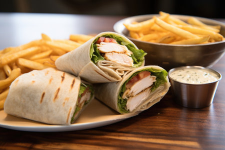 chicken caesar wrap with a side of chips, created with generative aiの素材
