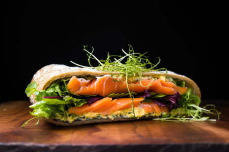 close-up shot of a sandwich with smoked salmon, created with generative aiの素材