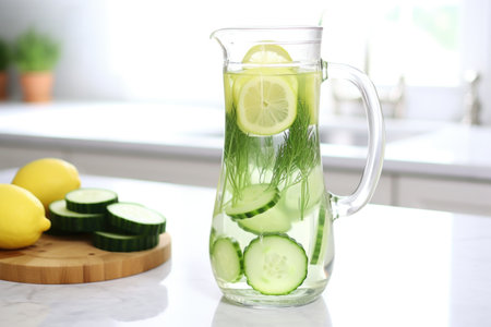 cool cucumber water in a clear pitcher with floating cucumber slices, created with generative aiの素材