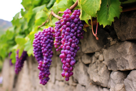 bunches of purple grapes hang from a vine against a stone wall, created with generative aiの素材