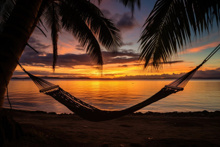 hammock hanging between two palm trees at sunset, created with generative aiの素材