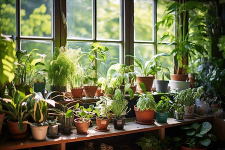 houseplants arranged near a window providing natural light, created with generative aiの素材