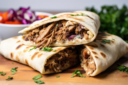 piece of flatbread filled with shawarma fillings ready to be rolled, created with generative aiの素材