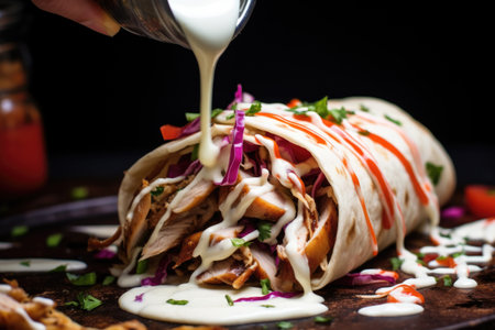 close-up of shawarma being drizzled with tangy sauce, created with generative aiの素材