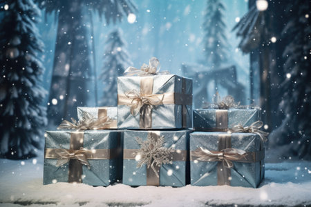 wrapped gift boxes with shiny snowflakes atop, created with generative aiの素材