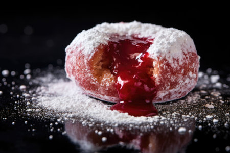 a close-up of a jelly doughnut dusted with powdered sugar, created with generative aiの素材