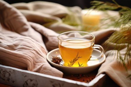 closeup of herbal tea cup next to a bed, created with generative aiの素材