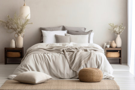 a peaceful bedroom having neutral colored linen, created with generative aiの素材