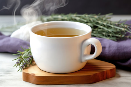 hot tea steaming in a ceramic mug next to a lavender sachet, created with generative aiの素材