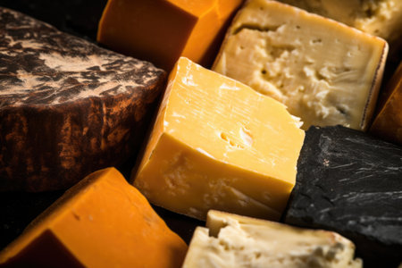 close-up of smoked cheeses surface texture, created with generative aiの素材