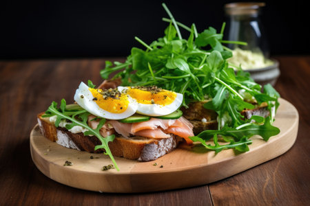 an open sandwich with smoked fish and salad leaves, created with generative aiの素材