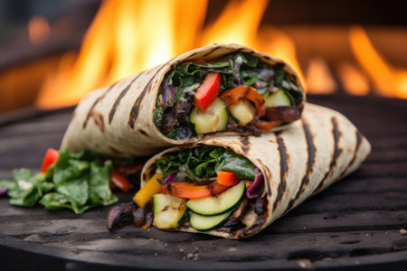 charcoal-grilled veggie wrap, smoke rising up, created with generative aiの素材