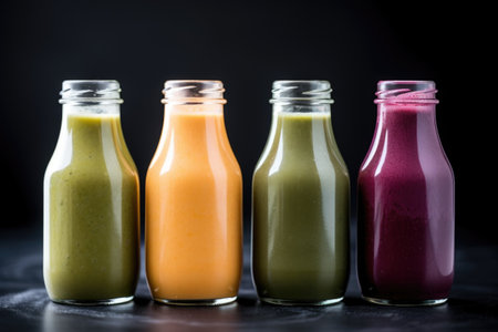 three different coloured smoothies in glass bottles on black granite, created with generative aiの素材