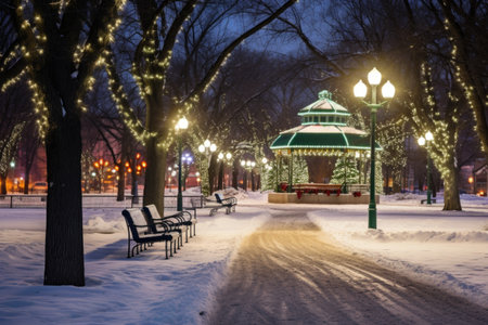 snow-covered park decorated with twinkling green christmas lights, created with generative aiの素材