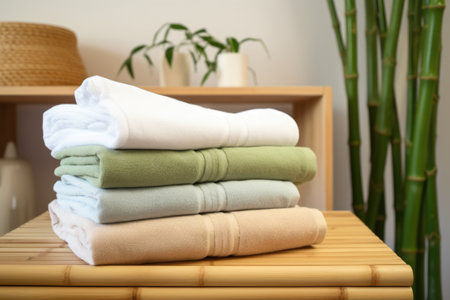 fresh towels neatly folded on a bamboo rack, created with generative aiの素材