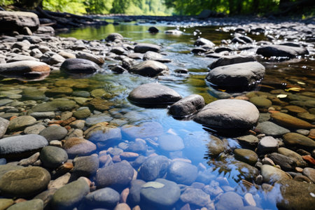 shallow river with smooth, round stones, created with generative aiの素材