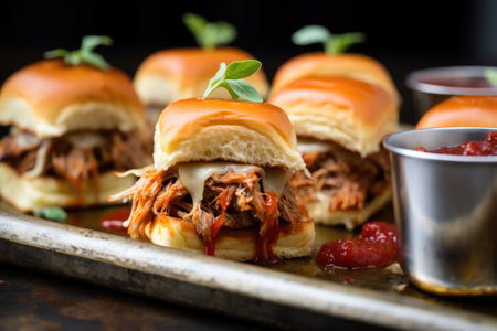 stack of pork sliders with spicy red sauce on a silver tray, created with generative aiの素材