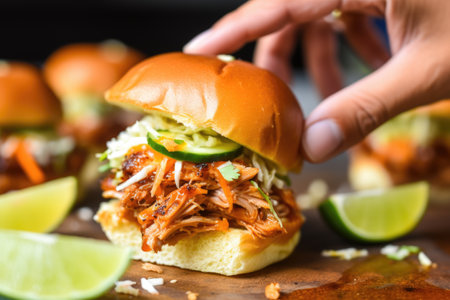 squeezing a lime wedge over spicy bbq pork slider, created with generative aiの素材