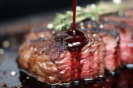 detail of steak texture under red wine reduction glaze, created with generative aiの素材
