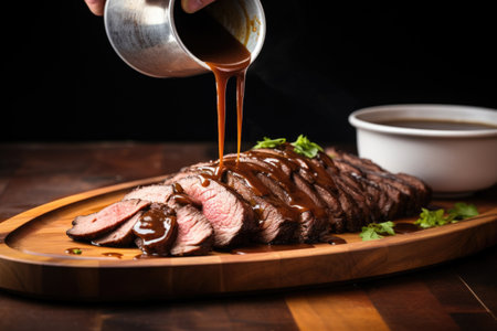 hand drizzling stout sauce over beef brisket, created with generative aiの素材
