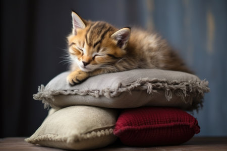 a cute kitten sleeping peacefully on a pile of soft cushions, created with generative aiの素材