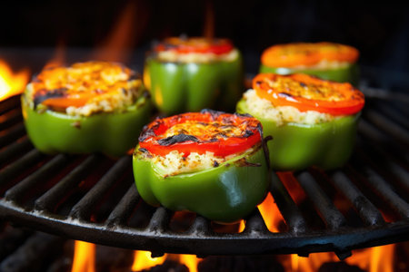 grill marks appearing on rotating stuffed bell peppers over bright flames, created with generative aiの素材