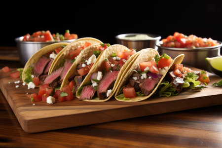 grilled steak tacos served on wooden board, created with generative aiの素材